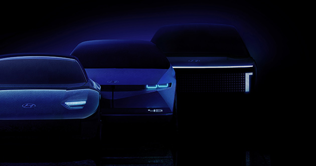 现代汽车电动化品牌IONIQ艾尼氪计划在未来三年内推出三款产品，从左往右依次为IONIQ6、IONIQ5、IONIQ7