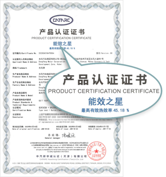 东风全新马赫动力1.5T混动发动机及“能效之星”产品认证证书