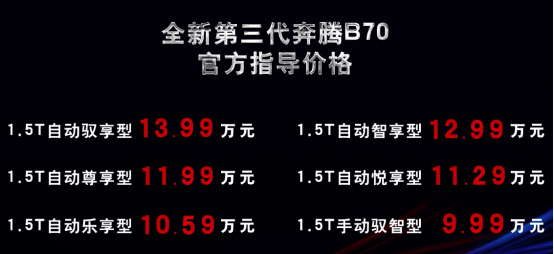 全新第三代奔腾B70售价为9.99万-13.99万元