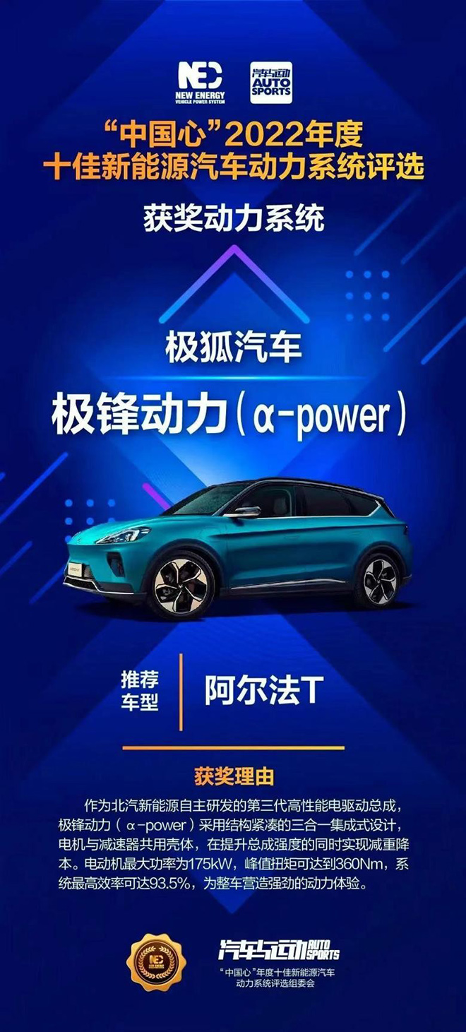 极狐汽车极锋动力（α-power）获2022中国心动力系统
