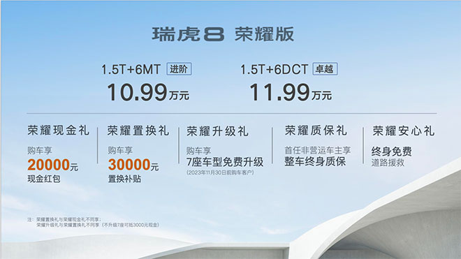 “5+2座超值旗舰SUV”瑞虎8 荣耀版耀目上市 超值售价10.99-11.99万元